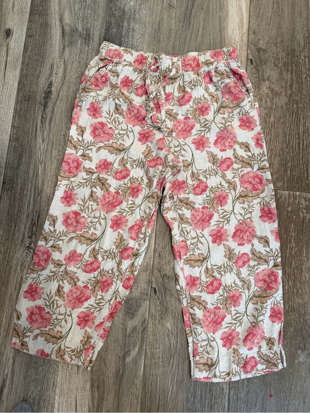 Joie Pink Linen Floral Wide Leg Baggy Pants Elastic Waist Sz Xl